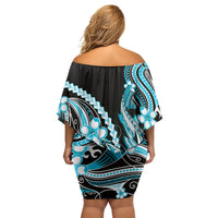 Blue Black Aloha Hawaii Off Shoulder Short Dress Polynesian Shark Tattoo Plumeria