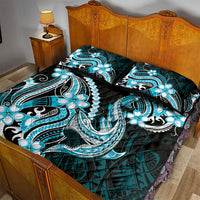 Blue Black Aloha Hawaii Quilt Bed Set Polynesian Shark Tattoo Plumeria