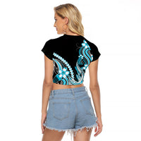 Blue Black Aloha Hawaii Raglan Cropped T Shirt Polynesian Shark Tattoo Plumeria
