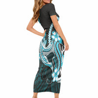 Blue Black Aloha Hawaii Short Sleeve Bodycon Dress Polynesian Shark Tattoo Plumeria LT14 - Polynesian Pride