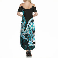 Blue Black Aloha Hawaii Summer Maxi Dress Polynesian Shark Tattoo Plumeria LT14 - Polynesian Pride