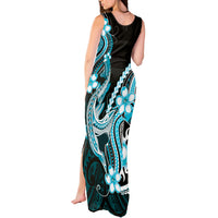 Blue Black Aloha Hawaii Tank Maxi Dress Polynesian Shark Tattoo Plumeria