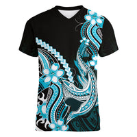 Blue Black Aloha Hawaii Women V-Neck T-Shirt Polynesian Shark Tattoo Plumeria
