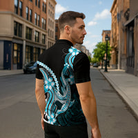 Blue Black Aloha Hawaii Zipper Polo Shirt Polynesian Shark Tattoo Plumeria