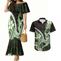 Green Black Aloha Hawaii Couples Matching Mermaid Dress and Hawaiian Shirt Polynesian Shark Tattoo Plumeria LT14 Green - Polynesian Pride