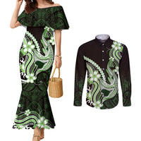 Green Black Aloha Hawaii Couples Matching Mermaid Dress and Long Sleeve Button Shirt Polynesian Shark Tattoo Plumeria