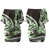 Green Black Aloha Hawaii Couples Matching Off Shoulder Short Dress and Hawaiian Shirt Polynesian Shark Tattoo Plumeria LT14 - Polynesian Pride