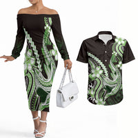 Green Black Aloha Hawaii Couples Matching Off The Shoulder Long Sleeve Dress and Hawaiian Shirt Polynesian Shark Tattoo Plumeria LT14 Green - Polynesian Pride