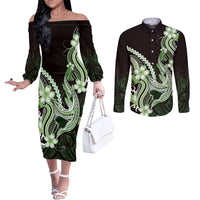 Green Black Aloha Hawaii Couples Matching Off The Shoulder Long Sleeve Dress and Long Sleeve Button Shirt Polynesian Shark Tattoo Plumeria