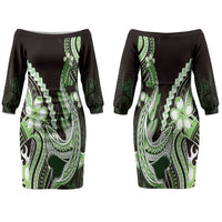 Green Black Aloha Hawaii Couples Matching Off The Shoulder Long Sleeve Dress and Long Sleeve Button Shirt Polynesian Shark Tattoo Plumeria LT14