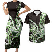 Green Black Aloha Hawaii Couples Matching Short Sleeve Bodycon Dress and Hawaiian Shirt Polynesian Shark Tattoo Plumeria LT14 Green - Polynesian Pride