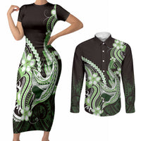 Green Black Aloha Hawaii Couples Matching Short Sleeve Bodycon Dress and Long Sleeve Button Shirt Polynesian Shark Tattoo Plumeria LT14 Green - Polynesian Pride
