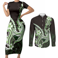 Green Black Aloha Hawaii Couples Matching Short Sleeve Bodycon Dress and Long Sleeve Button Shirt Polynesian Shark Tattoo Plumeria LT14 Green - Polynesian Pride