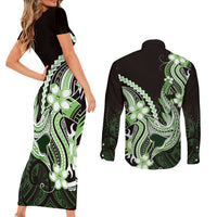 Green Black Aloha Hawaii Couples Matching Short Sleeve Bodycon Dress and Long Sleeve Button Shirt Polynesian Shark Tattoo Plumeria LT14 - Polynesian Pride