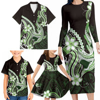 Green Black Aloha Hawaii Family Matching Long Sleeve Bodycon Dress and Hawaiian Shirt Polynesian Shark Tattoo Plumeria LT14 - Polynesian Pride