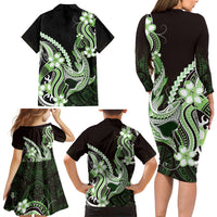 Green Black Aloha Hawaii Family Matching Long Sleeve Bodycon Dress and Hawaiian Shirt Polynesian Shark Tattoo Plumeria