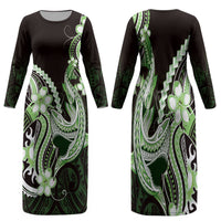 Green Black Aloha Hawaii Family Matching Long Sleeve Bodycon Dress and Hawaiian Shirt Polynesian Shark Tattoo Plumeria LT14 Mom's Dress Green - Polynesian Pride