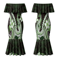 Green Black Aloha Hawaii Family Matching Mermaid Dress and Hawaiian Shirt Polynesian Shark Tattoo Plumeria LT14 Mom's Dress Green - Polynesian Pride