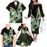 Green Black Aloha Hawaii Family Matching Off The Shoulder Long Sleeve Dress and Hawaiian Shirt Polynesian Shark Tattoo Plumeria LT14 - Polynesian Pride