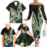 Green Black Aloha Hawaii Family Matching Off The Shoulder Long Sleeve Dress and Hawaiian Shirt Polynesian Shark Tattoo Plumeria LT14 - Polynesian Pride