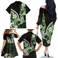 Green Black Aloha Hawaii Family Matching Off The Shoulder Long Sleeve Dress and Hawaiian Shirt Polynesian Shark Tattoo Plumeria LT14 Mom's Dress Green - Polynesian Pride