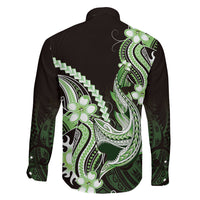 Green Black Aloha Hawaii Family Matching Off The Shoulder Long Sleeve Dress and Hawaiian Shirt Polynesian Shark Tattoo Plumeria LT14 Son's Shirt Green - Polynesian Pride