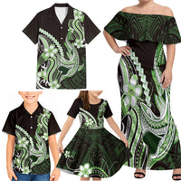 Green Black Aloha Hawaii Family Matching Off Shoulder Maxi Dress and Hawaiian Shirt Polynesian Shark Tattoo Plumeria LT14 - Polynesian Pride