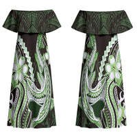 Green Black Aloha Hawaii Family Matching Off Shoulder Maxi Dress and Hawaiian Shirt Polynesian Shark Tattoo Plumeria LT14 Mom's Dress Green - Polynesian Pride