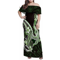 Green Black Aloha Hawaii Family Matching Off Shoulder Maxi Dress and Hawaiian Shirt Polynesian Shark Tattoo Plumeria