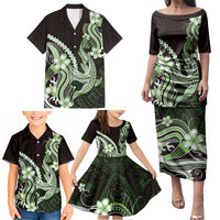 Green Black Aloha Hawaii Family Matching Puletasi and Hawaiian Shirt Polynesian Shark Tattoo Plumeria LT14 - Polynesian Pride