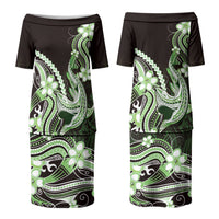 Green Black Aloha Hawaii Family Matching Puletasi and Hawaiian Shirt Polynesian Shark Tattoo Plumeria LT14 Mom's Dress Green - Polynesian Pride