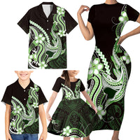 Green Black Aloha Hawaii Family Matching Short Sleeve Bodycon Dress and Hawaiian Shirt Polynesian Shark Tattoo Plumeria LT14 - Polynesian Pride