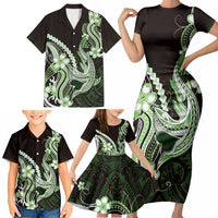 Green Black Aloha Hawaii Family Matching Short Sleeve Bodycon Dress and Hawaiian Shirt Polynesian Shark Tattoo Plumeria LT14 - Polynesian Pride