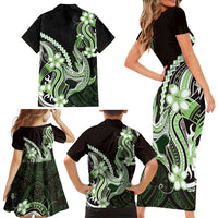 Green Black Aloha Hawaii Family Matching Short Sleeve Bodycon Dress and Hawaiian Shirt Polynesian Shark Tattoo Plumeria LT14 Mom's Dress Green - Polynesian Pride