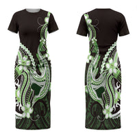 Green Black Aloha Hawaii Family Matching Short Sleeve Bodycon Dress and Hawaiian Shirt Polynesian Shark Tattoo Plumeria LT14 Mom's Dress Green - Polynesian Pride