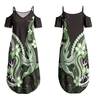 Green Black Aloha Hawaii Family Matching Summer Maxi Dress and Hawaiian Shirt Polynesian Shark Tattoo Plumeria LT14 Mom's Dress Green - Polynesian Pride