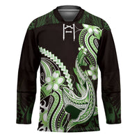 Green Black Aloha Hawaii Hockey Jersey Polynesian Shark Tattoo Plumeria