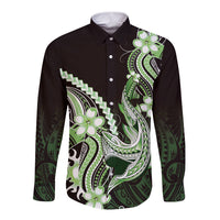 Green Black Aloha Hawaii Long Sleeve Button Shirt Polynesian Shark Tattoo Plumeria LT14 Unisex Green - Polynesian Pride