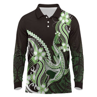 Green Black Aloha Hawaii Long Sleeve Polo Shirt Polynesian Shark Tattoo Plumeria