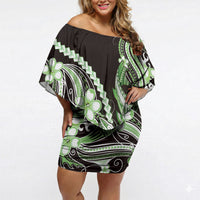 Green Black Aloha Hawaii Off Shoulder Short Dress Polynesian Shark Tattoo Plumeria LT14 Women Green - Polynesian Pride