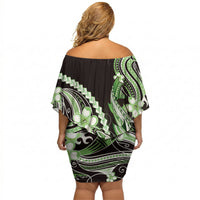 Green Black Aloha Hawaii Off Shoulder Short Dress Polynesian Shark Tattoo Plumeria LT14 - Polynesian Pride