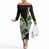 Green Black Aloha Hawaii Off The Shoulder Long Sleeve Dress Polynesian Shark Tattoo Plumeria LT14 Women Green - Polynesian Pride