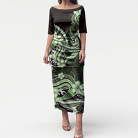Green Black Aloha Hawaii Puletasi Polynesian Shark Tattoo Plumeria LT14 Long Dress Green - Polynesian Pride