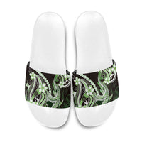Green Black Aloha Hawaii Slide Sandals Polynesian Shark Tattoo Plumeria