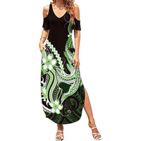 Green Black Aloha Hawaii Summer Maxi Dress Polynesian Shark Tattoo Plumeria