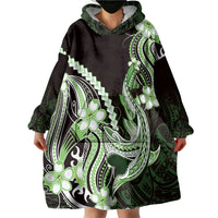 Green Black Aloha Hawaii Wearable Blanket Hoodie Polynesian Shark Tattoo Plumeria