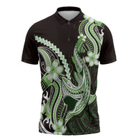 Green Black Aloha Hawaii Zipper Polo Shirt Polynesian Shark Tattoo Plumeria LT14 Green - Polynesian Pride