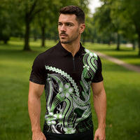 Green Black Aloha Hawaii Zipper Polo Shirt Polynesian Shark Tattoo Plumeria LT14 - Polynesian Pride