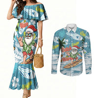 Hawaii Summer Christmas Couples Matching Mermaid Dress and Long Sleeve Button Shirt Surfing Santa Shaka Catch The Wave LT14 Teal - Polynesian Pride