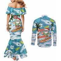 Hawaii Summer Christmas Couples Matching Mermaid Dress and Long Sleeve Button Shirt Surfing Santa Shaka Catch The Wave